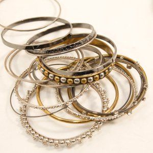 Mix & Match Stack of 22 Bangle Bracelets, Brass, Rhinestone, Black Metal